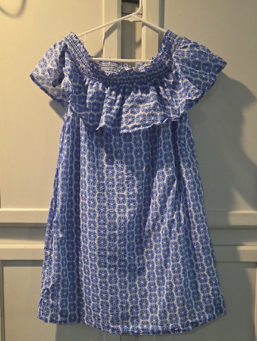 Vineyard Vines Blue Print Off-Shoulder Ruffle Dress Small 100% Cotton